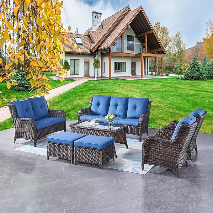 Outdoor Patio Furniture Sofa Set - 7 Piece Rattan Wicker Patio Sectional Conversation Sets with 1 Sofa,1 Loveseat,1 Coffee Table,2 Armrest Chairs and 2 Ottomans for Porch Deck Garden(Brown/Blue)