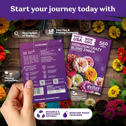 KVITER 550 Crazy Blend Zinnia Seeds for 2025 (Zinnia Elegans) – Double Zinnia Seed Mix, Heirloom Pollinator Magnet – Ideal Flower Seeds for Planting in Cutting Garden, Borders, Containers