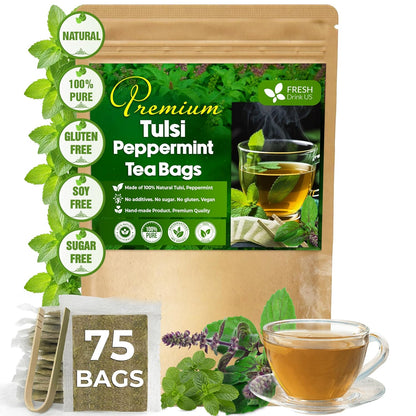 FreshDrinkUS, Premium Tulsi Peppermint Herbal Tea – 75 Tea Bags, 100% Natural, Blend of Tulsi Holy Basil Leaves, and Peppermint Leaves. Made with Natural Material Tea Bags. No Sugar, Vegan.