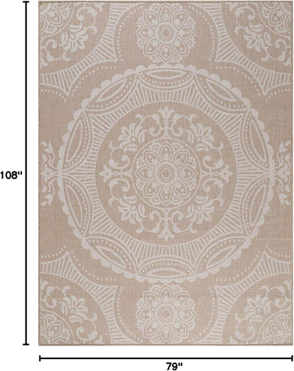 Medallion Outdoor Rug 6x9 Washable Outside Carpet for Indoor Patio Porch Waterproof Easy Cleaning Non Shedding Area Rugs Beige 6 x 9