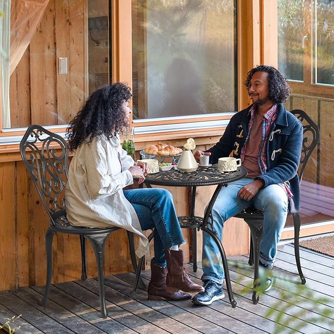 NUU GARDEN 3 Piece Outdoor Bistro Table Set, All Weather Cast Aluminum Patio Bistro Sets Patio Table and Chairs Set of 2 with Umbrella Hole for Yard, Garden, Balcony, Black