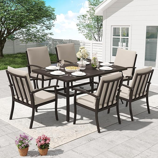 HAPPATIO 7 Piece Patio Dining Set, Aluminum Outdoor Dining Set for 6, Aluminum Dining Table and Chairs Set, Patio Furniture with Table, Chairs and Washable Cushions (Black)