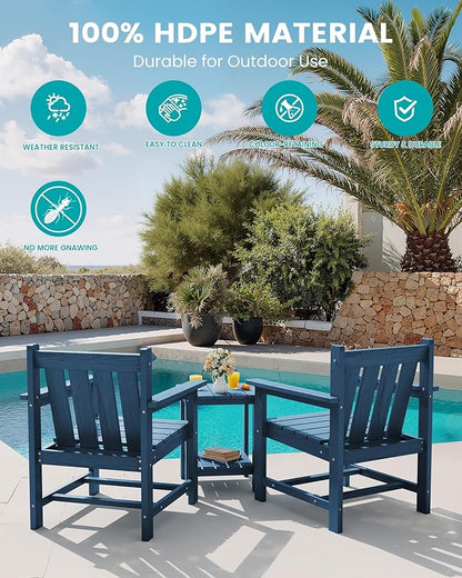 SEWRWALL Patio Furniture Set, HDPE Material All Weather Use Adirondack Chair Set with Side Table for Balcony, Porch, Garden, Backyard- Navy