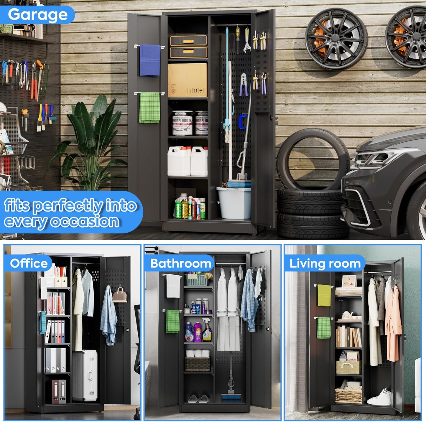 27.55 in Wide Garage Storage Cabinet, Metal Storage Cabinet with Pegboards and 4 Adjustable Shelves, Garage Storage System with Lockable Door for Offices, Gyms and Pantries, Black