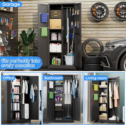 27.55 in Wide Garage Storage Cabinet, Metal Storage Cabinet with Pegboards and 4 Adjustable Shelves, Garage Storage System with Lockable Door for Offices, Gyms and Pantries, Black