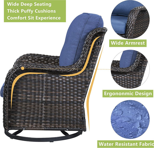 Outdoor Patio Swivel Rocker Chairs - Wicker Rattan Patio Swivel Rocking Chairs Set of 2 with High Back,Deep Seating and Comfort Cushions for Deck Porch Garden,Brown/Blue