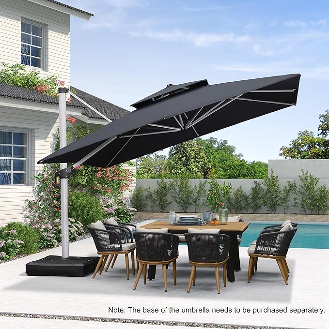 PURPLE LEAF 12 FT Cantilever Umbrellas with Base Included, Offset Umbrella with 360° Rotation, Outdoor Aluminum Pool Umbrella for Pool Lawn Garden, Grey