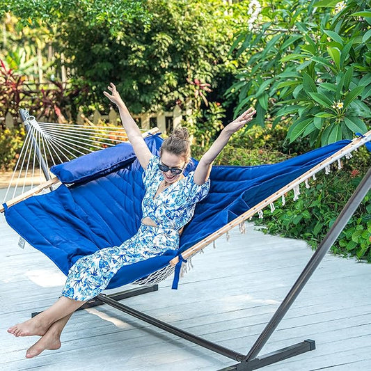 Lazy Daze Hammocks Double Outdoor Hammock with 12 ft Steel Stand, 2 Person Cotton Rope Hammock with Quilted Pad, Spreader Bars, Detachable Pillow, Mag Bag & Cup Holder, Blue
