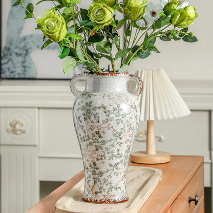 Enra Farmhouse Vintage vase with Handle,12.6 in Ceramic Chinoiserie Floral Vase,Green and Beige Decorative Flower vase,Large Rustic Vases for Home Decors, Living Room, Bookshelf, Office