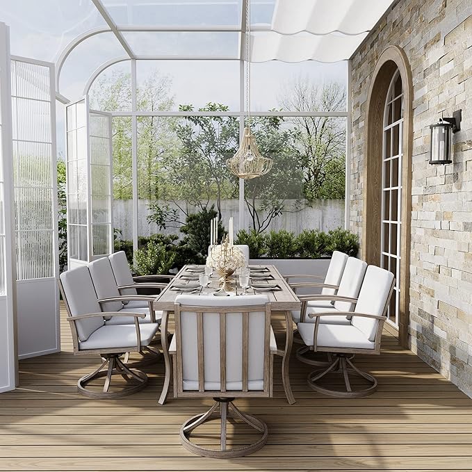 HAPPATIO Aluminum 9 Piece Patio Dining Set, Outdoor Swivel Dining Chairs and Dining Table, Aluminum Outdoor Dining Set for 8, Patio Dining Furniture with Washable Cushions (Gray)