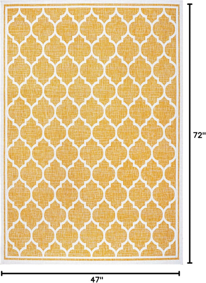 Eyely BMS109F-4 Santa Monica Trebol Moroccan Trellis Textured Weave Indoor/Outdoor Area Rug Coastal;Bohemian, Bedroom, Backyard, Patio, Easy-Cleaning, Non-Shedding, 4 X 6, Yellow/Cream