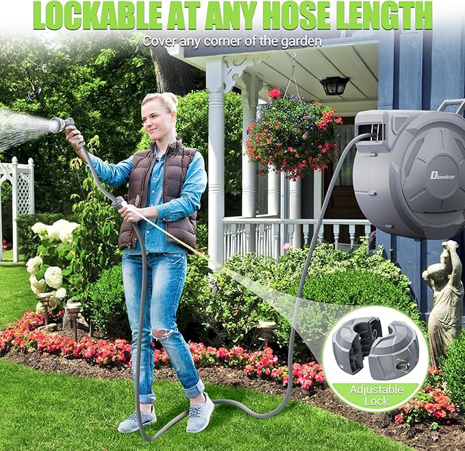 5/8" × 110 ft Retractable Hose Reel, Heavy Duty Retractable Garden Hose Reel Wall Mounted with 10-Pattern Hose Nozzle/Any Length Lock/Slow Return System/180°Swivel Bracket