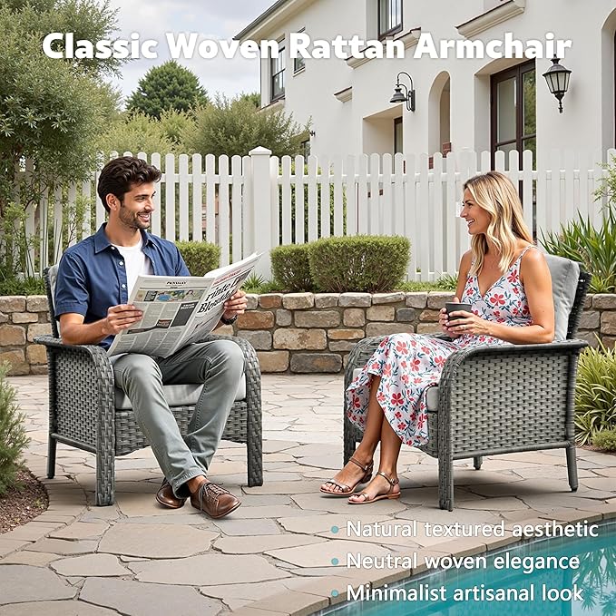 2 Pack Wicker Patio Furniture Chairs,Outdoor Rattan Chairs with Armrest Support 250 lb,Gray