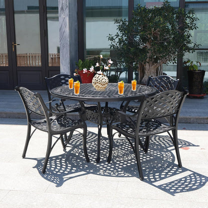 48 Inch Outdoor Dining Table Round Patio Bistro Table Powder-Coated Cast Aluminum Frame Patio Dining Table Garden Table with Umbrella Hole (Black)