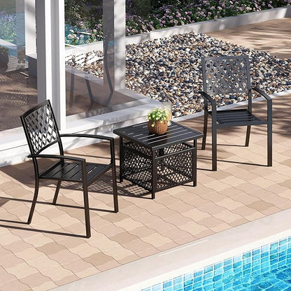 PHI VILLA 3 Piece Outdoor Bistro Set for 2, 22" Metal Square Table with Umbrella Hole & Stacking Wrought Iron Chairs, Small Furniture Conversation Set for Porch, Deck, Balcony, Patio, Yard - Black