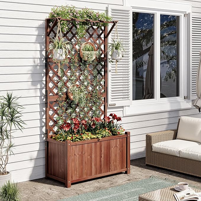 AMERLIFE Raised Garden Bed with Trellis for Vegetables, Climbing Plants, Durable Natural Wood Planter Box with Drainage Holes, Privacy Planter for Outdoor Yard & Patio, Easy Assembly