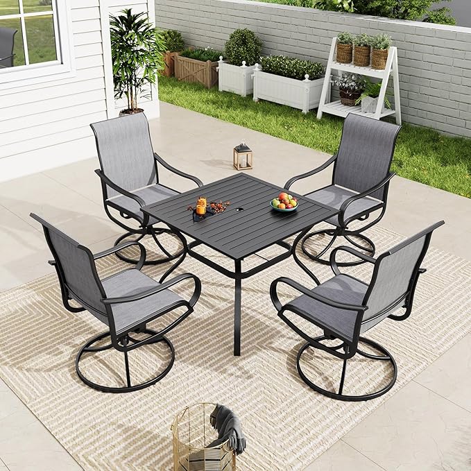 MFSTUDIO Patio Table and Chairs Set of 4, Outdoor Dining Set with Umbrella Hole, 5 Piece Patio Furniture Set for Deck Backyard Poolside Garden