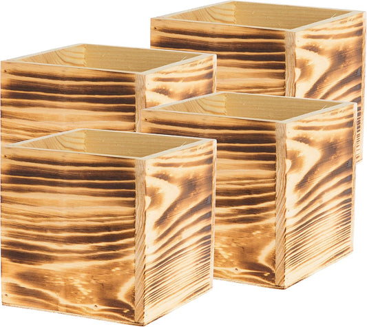 Wooden Planter Box, Rustic Burned Wood/Whitewash with Plastic Liner l Garden Decor l Restaurant and Wedding Decorations l Wood Box (5x5 Set of 4, Burned Wood)