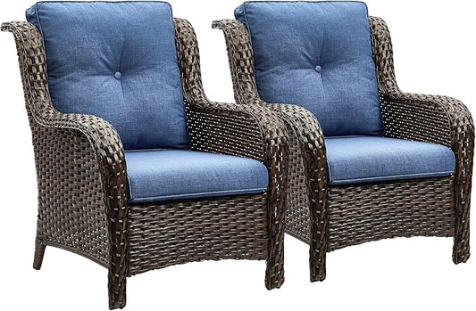 Rilyson Outdoor Wicker Patio Chairs Set of 2: High Back, Deep Seating, Wide Armrest, Thick Comfort Cushions, Ideal for Porch Deck Backyard Garden(Brown/Blue)