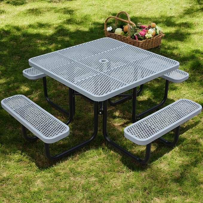 46" Square Picnic Table W/Benches,Heavy Duty Metal Picnic Table Set with 2in Umbrella Hole, 1600 lb Capacity,Commercial Dining Table Furniture for Yard Patio Lawn Party Coffee Shop