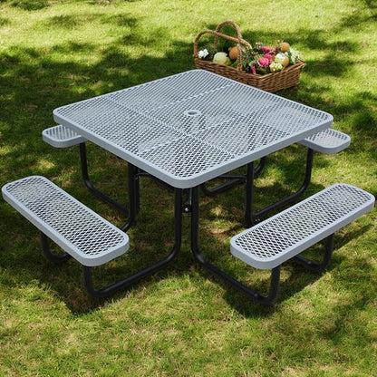 46" Square Picnic Table W/Benches,Heavy Duty Metal Picnic Table Set with 2in Umbrella Hole, 1600 lb Capacity,Commercial Dining Table Furniture for Yard Patio Lawn Party Coffee Shop