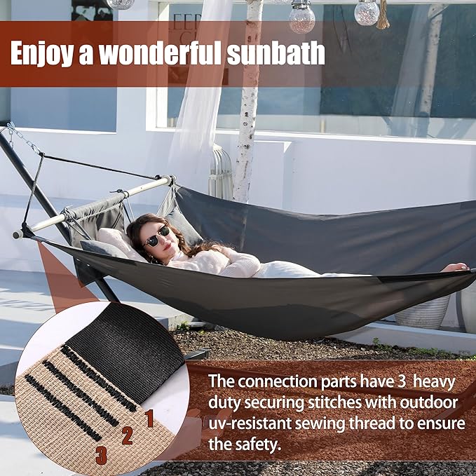 TegerDeger Anti-flip 12FT Hammock Large Hammock 450LB Capacity with Iron Spreader Bar & Nylon Rope for Outside, Patio, Garden, Backyard, Beach - Gray
