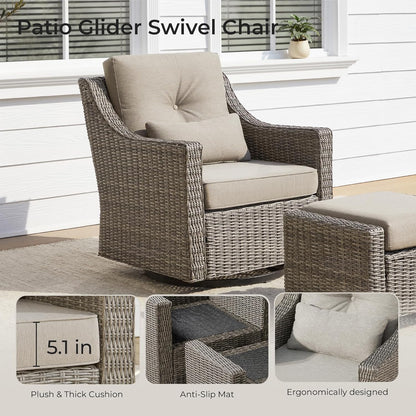 CHITA 5 Pieces Swivel Wicker Patio Furniture Set, Outdoor Conversation Set with 2 Pieces Rattan Rocking Swivel Chairs, 2 Pieces Ottomans, Thickened Cushions and Side Table