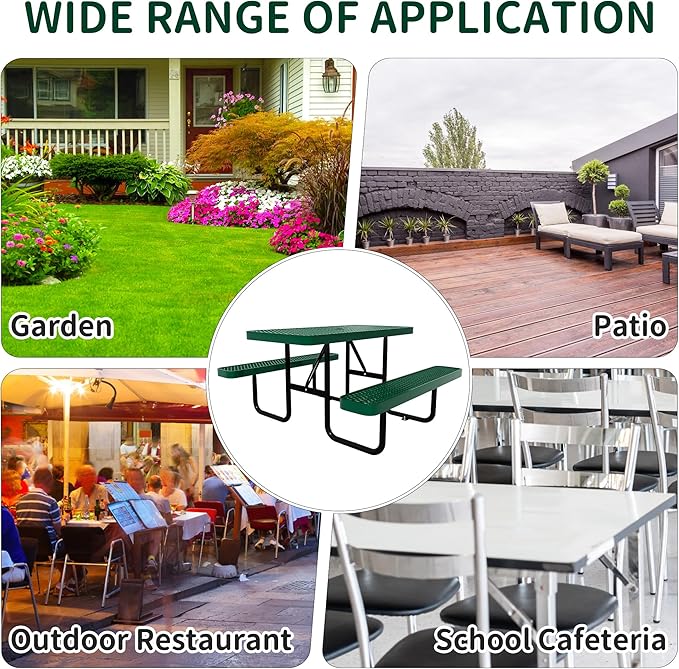 48'' Rectangular Steel Picnic Table for Outdoors,Commercial Metal Picnic Table Bench Set with Umbrella Hole,School Canteen Table W/Seats - Heavy Duty Sturdy Picnic Tables Furniture for Patio Garden