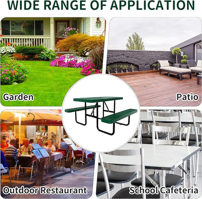 48'' Rectangular Steel Picnic Table for Outdoors,Commercial Metal Picnic Table Bench Set with Umbrella Hole,School Canteen Table W/Seats - Heavy Duty Sturdy Picnic Tables Furniture for Patio Garden