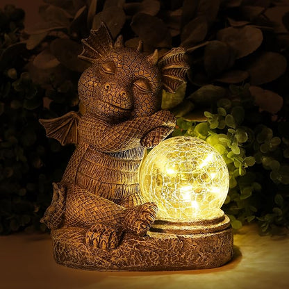 Garden Outdoor Dragon Statue Holding Solar Magic Orb LED Light Resin Adorable Baby Dragon Figurines for Patio Balcony Yard Lawn Garden Unique Housewarming Gift for Mom Grandma
