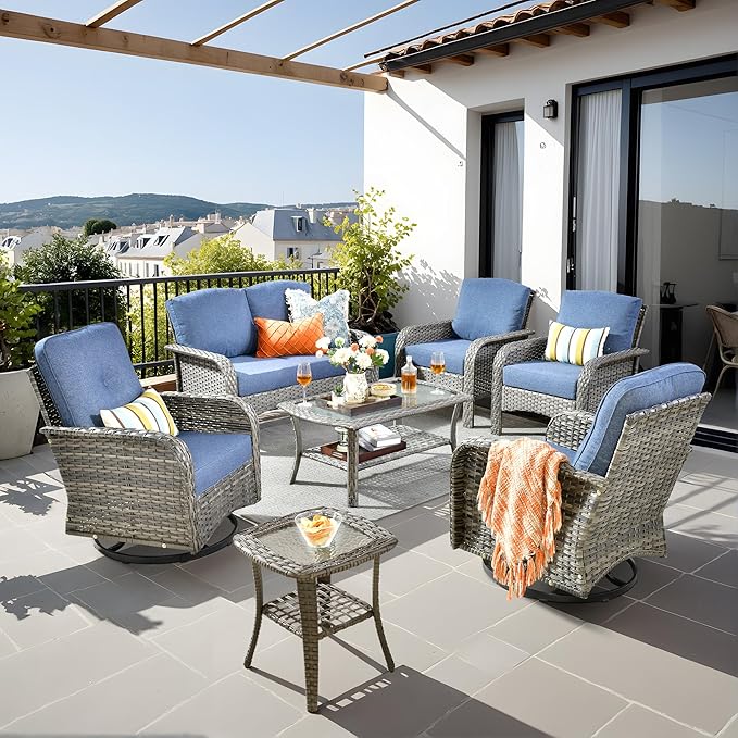 7-Piece Wicker Patio Furniture Set, All-Weather Rattan Conversation Bistro Loveseat Chair and Patio Rockers Set for Backyard, Balcony and Deck with Soft Cushions and Metal Table(Blue)