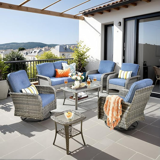 7-Piece Wicker Patio Furniture Set, All-Weather Rattan Conversation Bistro Loveseat Chair and Patio Rockers Set for Backyard, Balcony and Deck with Soft Cushions and Metal Table(Blue)