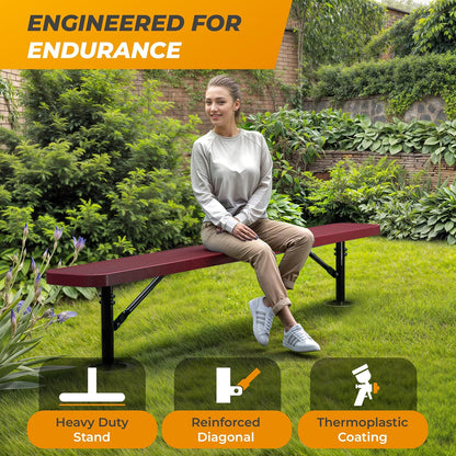 Heavy-Duty Outdoor Metal Bench, Thermoplastic-Coated, Surface, Weatherproof, Commercial-Grade for Parks, Gardens, Patios, Stores & More (8 Ft - Surface, Red)