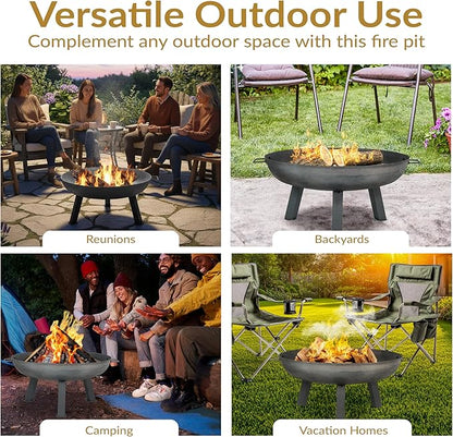 Sunnydaze 30-Inch Cast Iron Heavy-Duty Fire Pit for Outside - Wood-Burning Outdoor Fire Pit Bowl with Handles - Steel Finish
