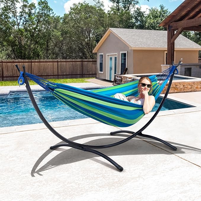 SUNCREAT Portable Outdoor Hammock with Stand Included, Double Hammock with Stand for Outside, Blue & Green Stripes
