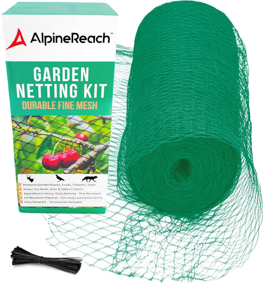 AlpineReach Garden Netting 7.5 x 100 ft Heavy Duty Bird Net, Deer, Plant Protection Extra Strong Woven Mesh, Reusable Kit with Zip Ties, Animal Fencing for Fruits Trees, Green