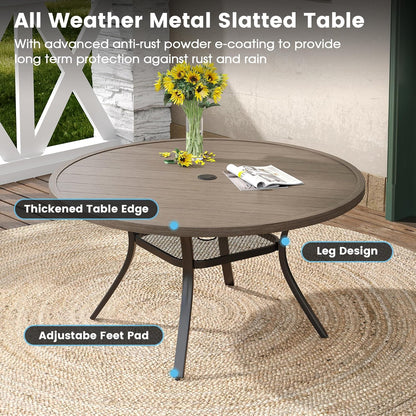 DIFY 48" Round Patio Dining Table for 6, Outdoor Metal Dining Table with 1.57" Umbrella Hole for Backyard Lawn Garden, Grey Wood-Like