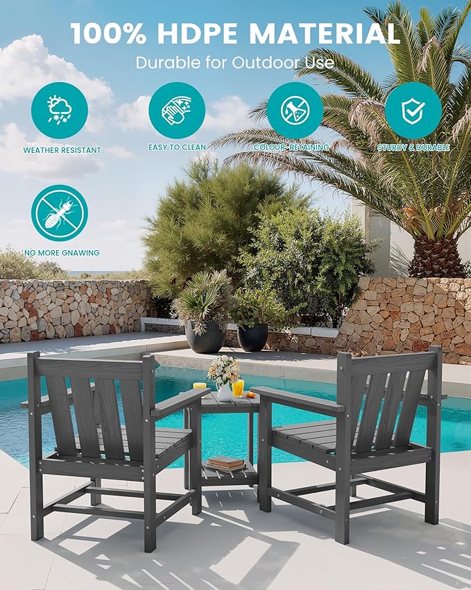 SERWALL 3 Pieces Patio Bistro Set, All Weather Adirondack Chair Set with Side Table, HDPE Material Outdoor Patio Furniture Set for Balcony, Porch, Garden, Backyard- Gray