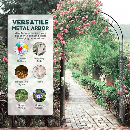 IDZO 86in Metal Garden Arbor Arch, Sturdy & Durable Trellis with Ground Stakes, 3 Installation Options, Ideal for Climbing Plants & Outdoor Decoration