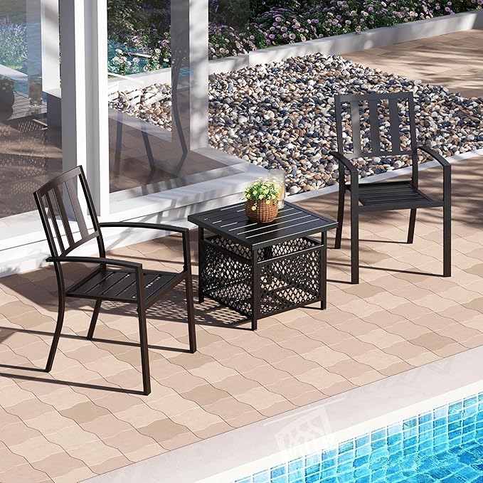 PHI VILLA 3 Piece Outdoor Bistro Set for 2, 22" Metal Steel Square Table with Umbrella Hole & Stacking Iron Chairs, Small Furniture Conversation Set for Porch, Deck, Balcony,Patio, Yard - Black