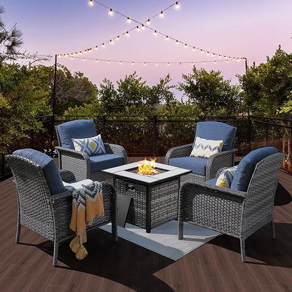 ovios 4 Pieces Patio Furniture Set with 30" Fire Pit Table, Outdoor Wicker Chairs of 4, All Weather High Back Rattan Chairs 4-Seater with Comfy Cushions, Denim Blue