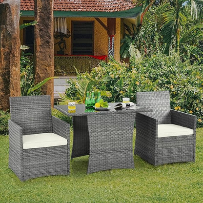 HAPPYGRILL 3 Pieces Outdoor Wicker Bistro Set Space-Saving PE Rattan Dining Table Set with Cushioned Chairs, Patio Conversation Set for Backyard Porch Garden and Poolside