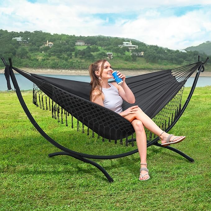 SUNCREAT Portable Outdoor Hammock with Stand Included, Double Hammock with Tassel for Outside, Dark Gray