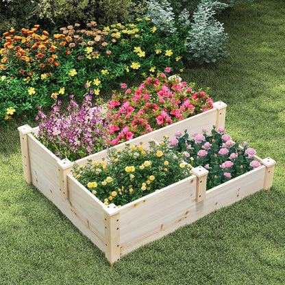 HAPPYGRILL 3-Tier Raised Garden Bed, Wood Elevated Planter Box w/Open-Ended Base, 3 Planting Depths& 2 Arrangement Options for Yard Lawn, Outdoor Planter Raised Beds for Vegetables Herbs Fruits