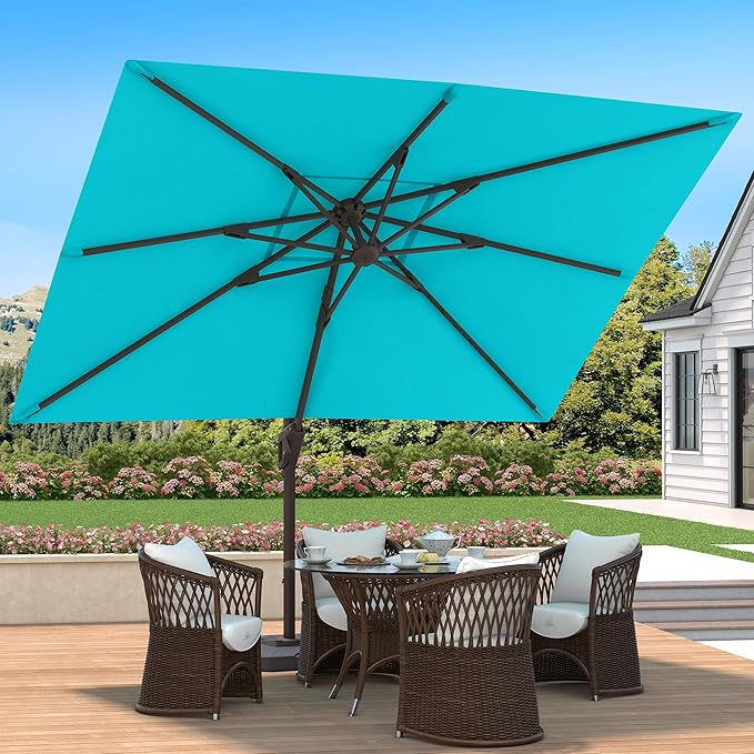 9' X 12' Cantilever Patio Umbrella with Base Included 360°Rotation Rectangular Outdoor Large Offset Umbrellas Heavy Duty Windproof for Garden Deck Pool, Turquoise