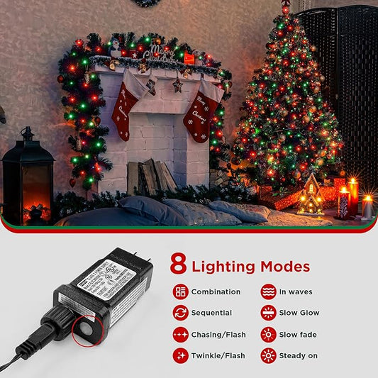 BlcTec Long Christmas Lights Indoor Outdoor, 500 LED 174FT UL Certified Christmas Tree Lights with 8 Lighting Modes, Waterproof, Timer, Memory Function for Trees, Yard, Party, Xmas Decor, Red Green