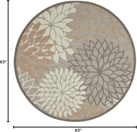 Nourison Aloha Indoor/Outdoor Area Rug 5'3", Natural, Round Tropical Botanical Easy-Cleaning Non Shedding Bed Room Living Room Dining Room Deck Backyard Patio