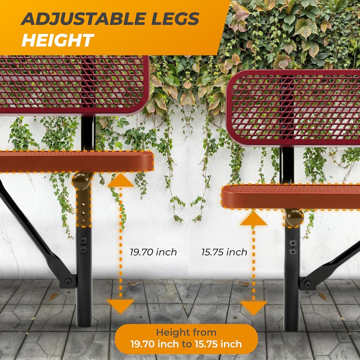 Heavy-Duty Outdoor Metal Bench, Thermoplastic-Coated, Inground, Weatherproof, Commercial-Grade for Parks, Gardens, Patios, Stores & More (6 Ft - Inground with Back, Red)