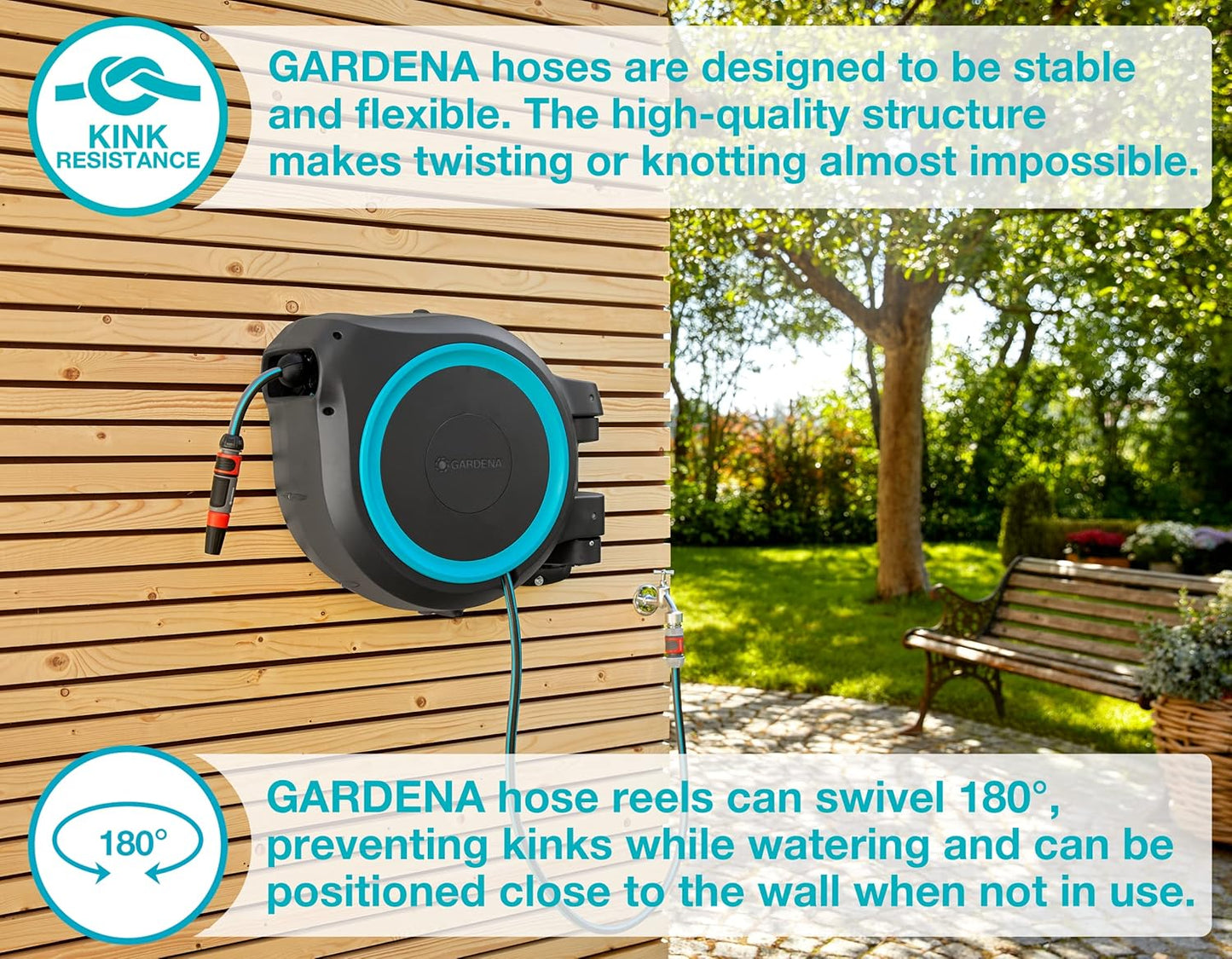 GARDENA (18630) Retractable Garden Hose Reel 115' x 1/2" Wall Mounted, Automatic Retraction & Length Lock for Easy Watering. Heavy Duty Swivel Bracket 180°, Includes Nozzle. Made in Europe