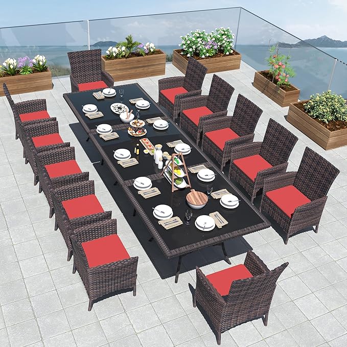 Kurapika 15-Piece Patio Furniture Outdoor Dining Set, Wicker Rattan Table and Chairs, Square Tempered Glass Tabletop With Umbrella Hole, 12 Chairs, Red